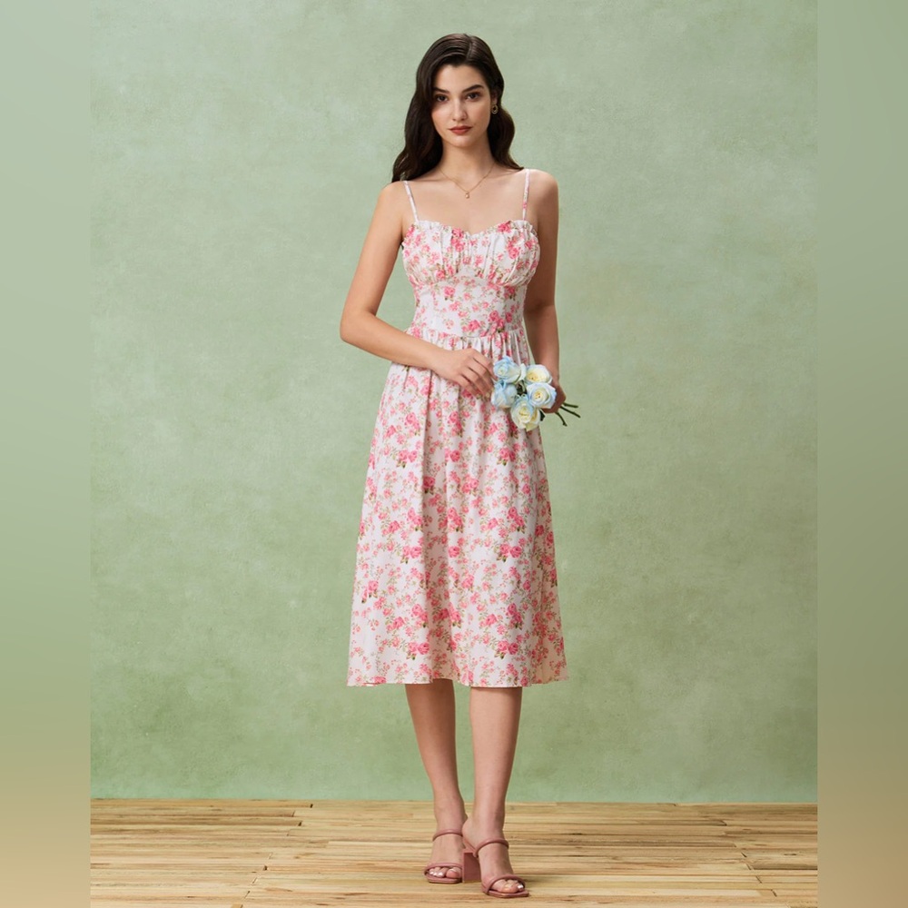 Rihoas Pink Floral Sweetheart Neck Shirred Slip Midi Dress